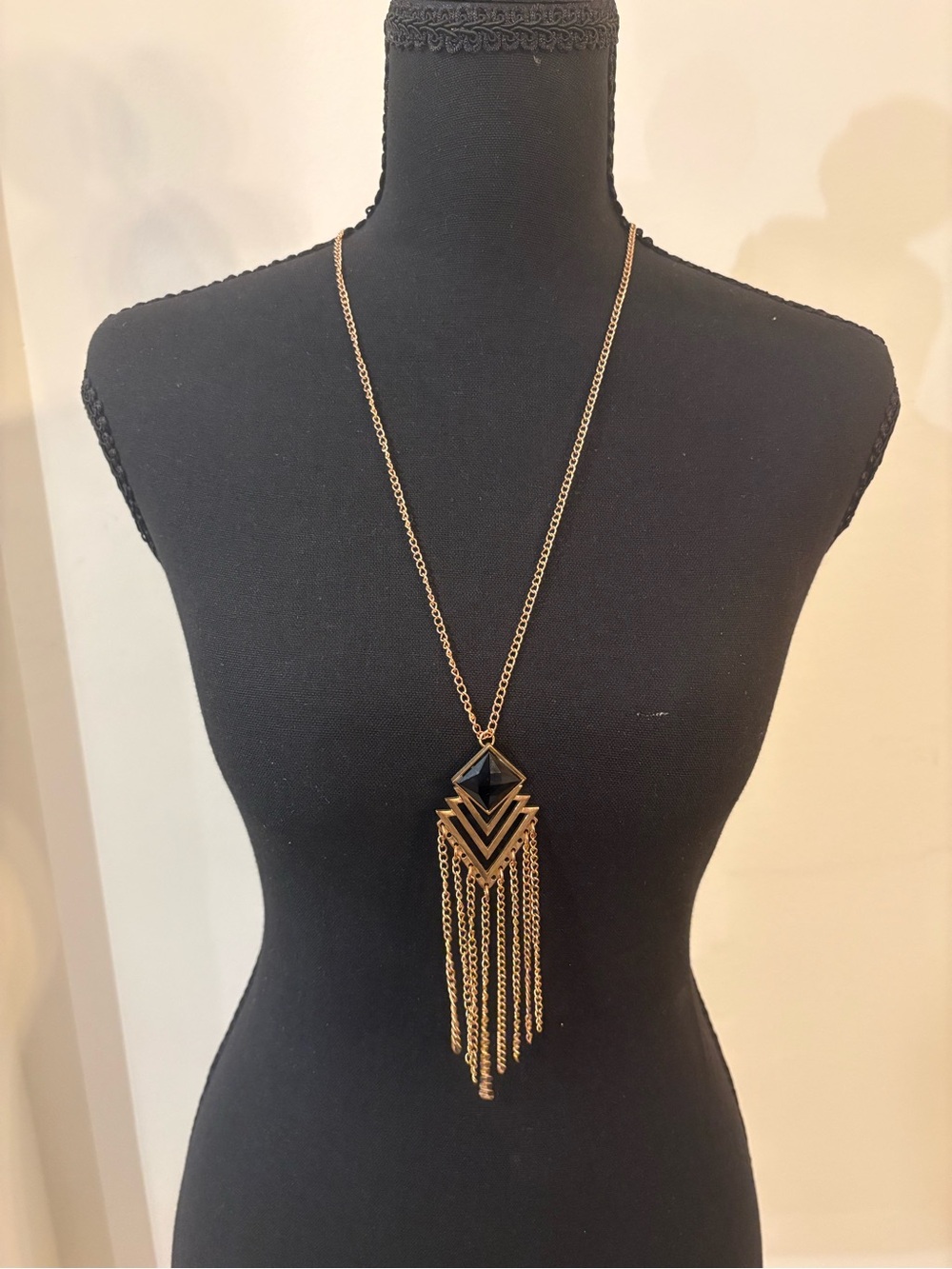 Gold-tone and Black Layered Fringe Pendant Necklace - Women Jewelry